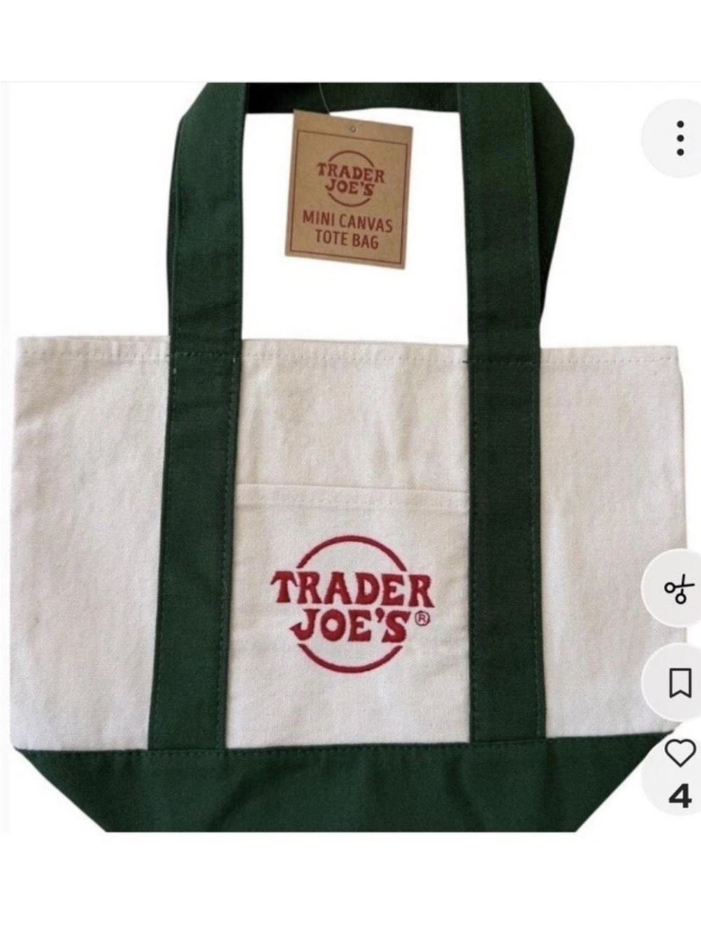 Trader Joe's Cream and Green Mini Canvas Tote Bag - Picture 4 of 4